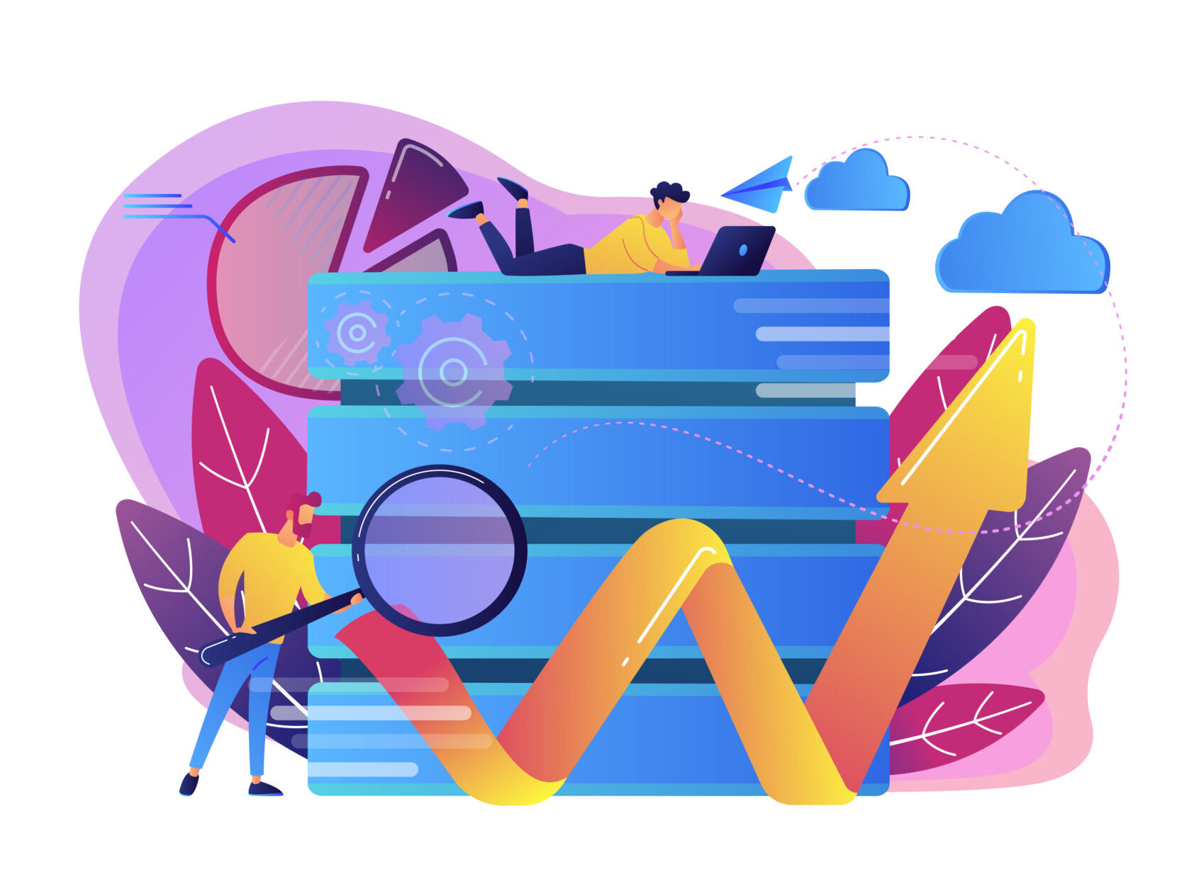 Developer with magnifying glass working with big data and zigzag arrow. Digital analytics tools, data storage and software engineering concept, violet palette. Vector isolated illustration.